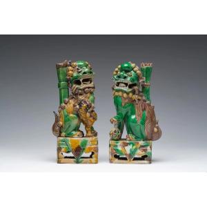 Lions bouddhistes chinois émaillés « Sancai », dynastie Qing, 1870-1900
