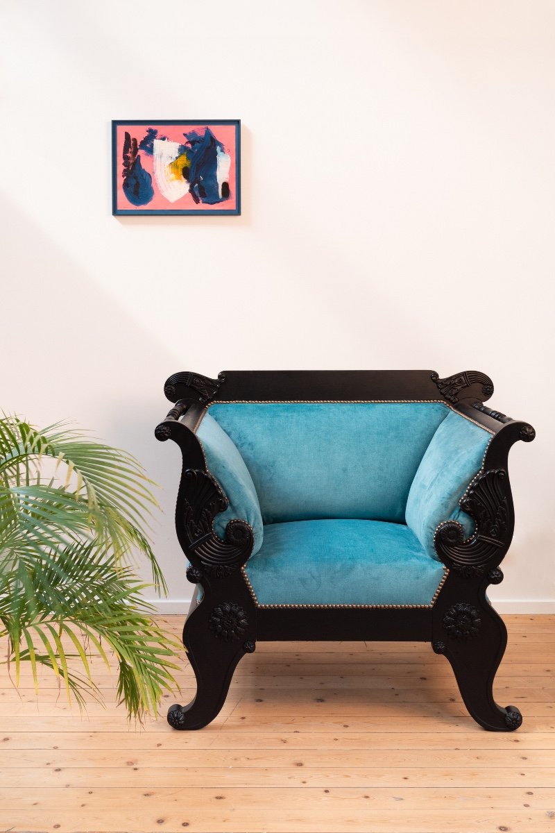 Fauteuil  Biedermeier Noire, Avec Velours Bleu