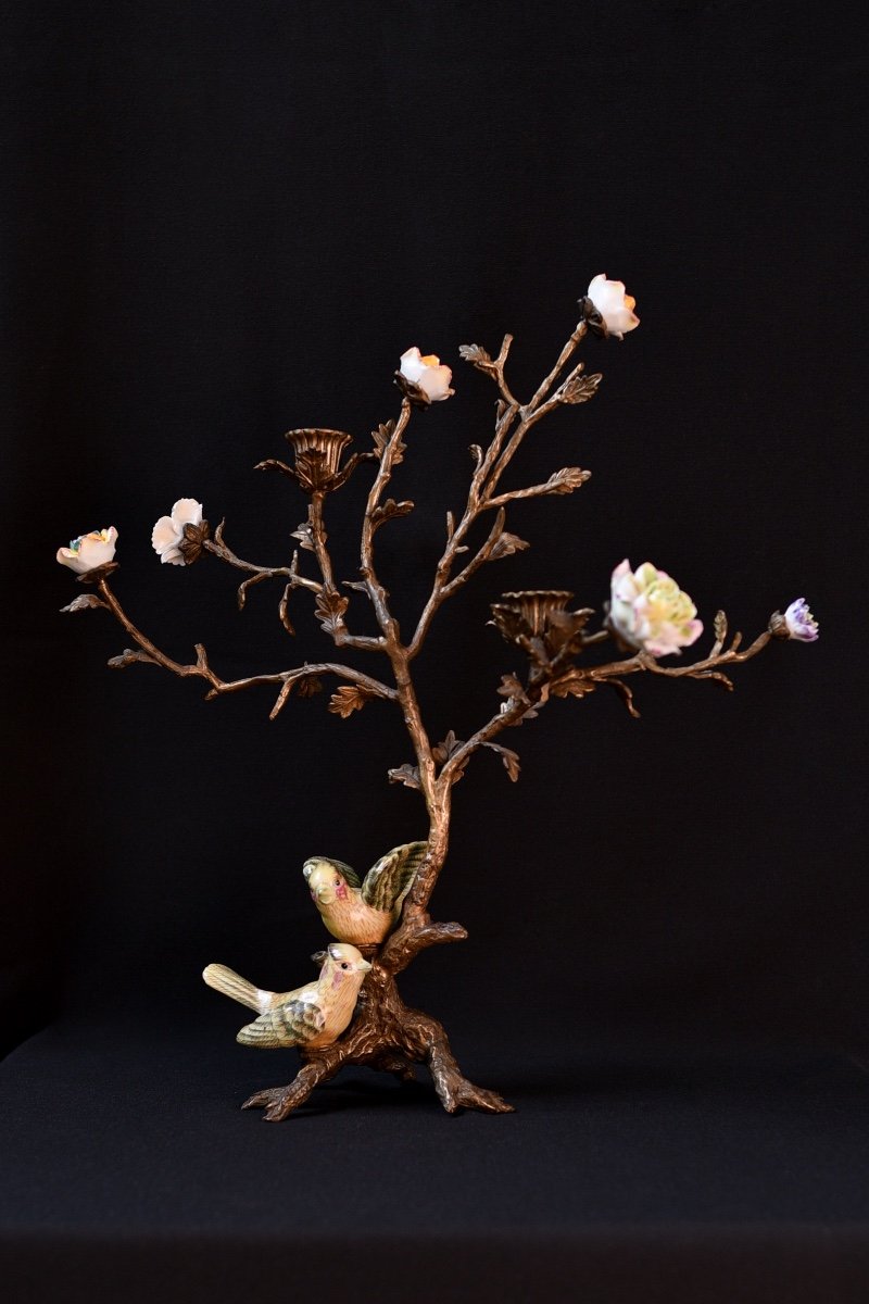 Bronze Candle Holder With Ceramic Birds And Flowers