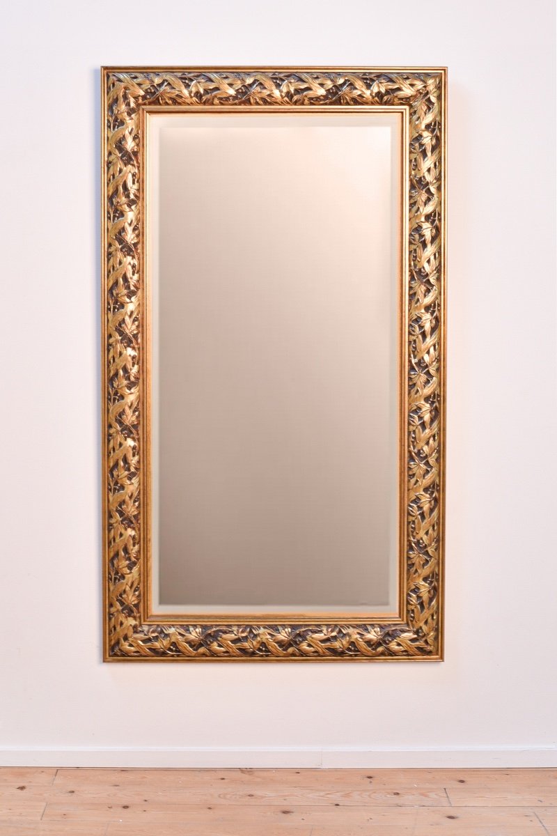 Large Mirror With Floral Patterns And Wooden Frame