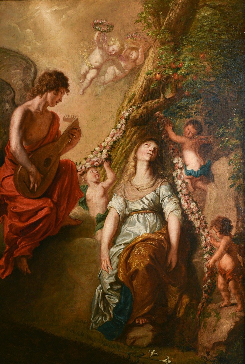 17th Century Oil On Canvas Painting 'ectasy Of Saint Cecilia'-photo-2