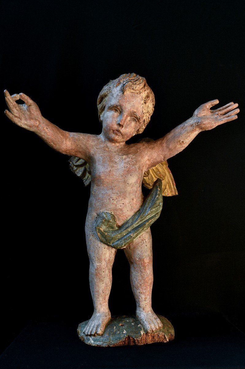 Paire De Chérubins Italiens Début XVIIIème En Bois Polychrome-photo-3