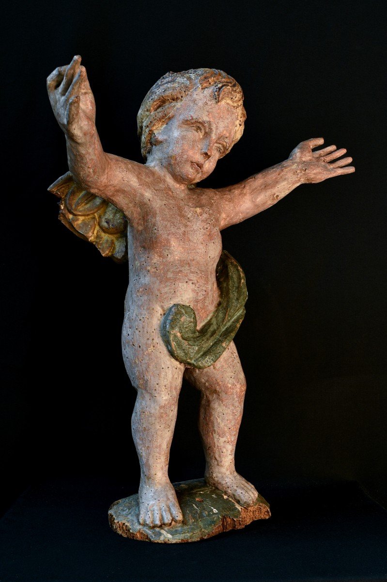 Paire De Chérubins Italiens Début XVIIIème En Bois Polychrome-photo-4