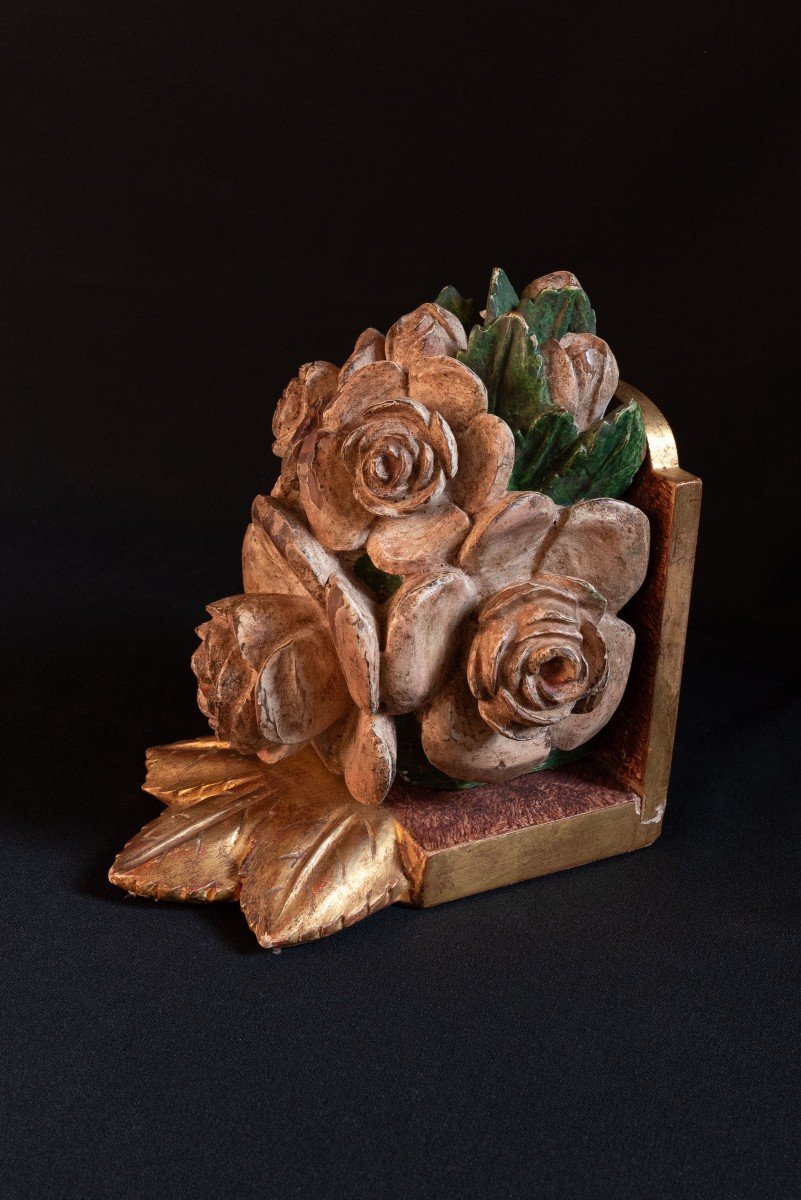 Pair Of Wooden Bookends From The 19th Century, Hand Made And Painted-photo-2