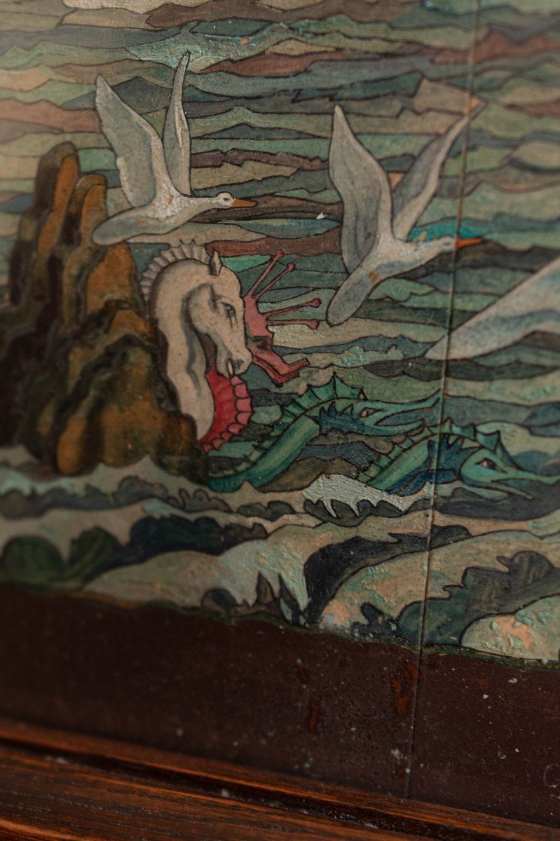 Tableau Avec Mer Et Animaux - Peinture à l'Huile Sur Carrelage - Marcel Peltier -photo-1