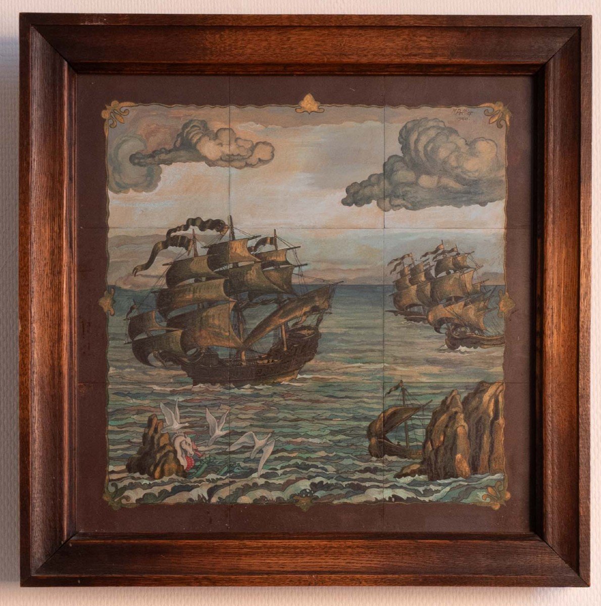 Tableau Avec Mer Et Animaux - Peinture à l'Huile Sur Carrelage - Marcel Peltier 