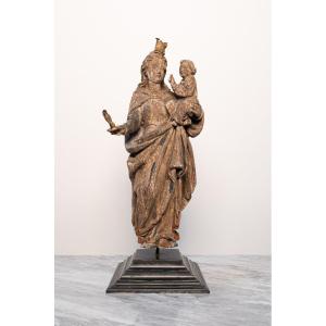Statue Polychrome De La Vierge Marie En Bois Sculpté à La Main Du XVIe Siècle