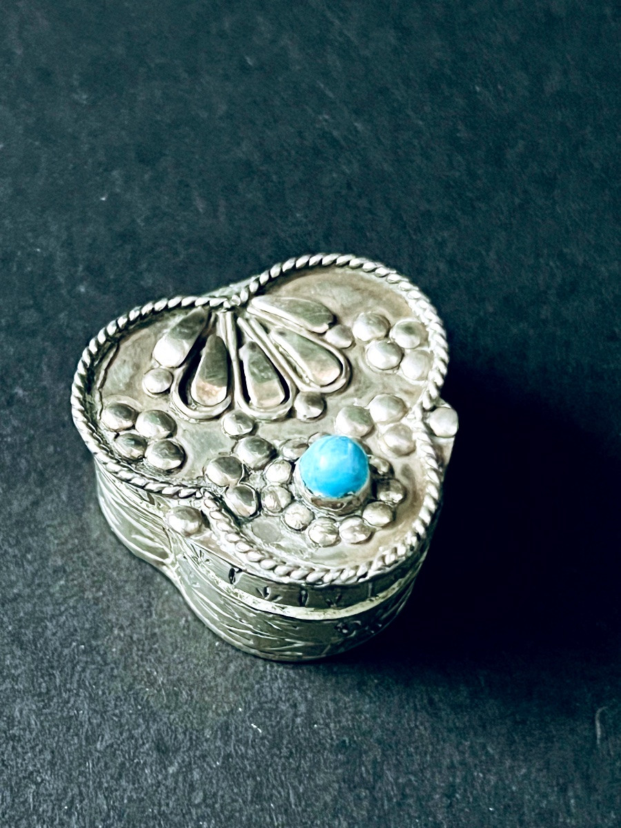 Silver Pillbox Set With A Turquoise - Ottoman Empire - 19th Century-photo-2