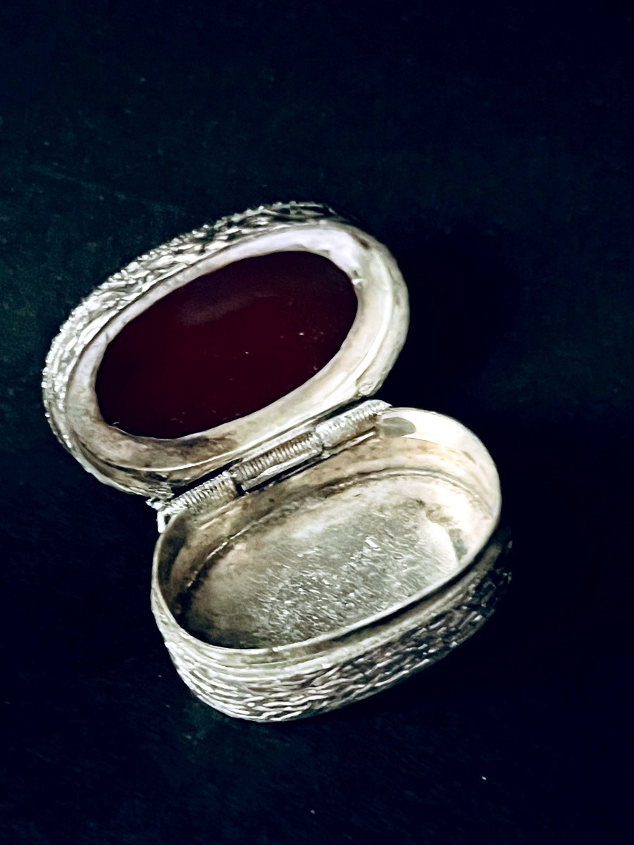 Silver And Carnelian Pillbox - Arabic Calligraphy - 19th Century-photo-2