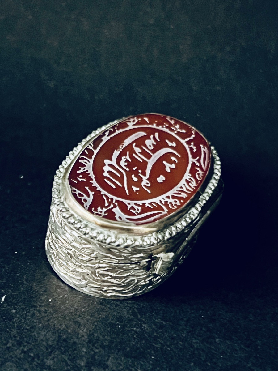 Silver And Carnelian Pillbox - Arabic Calligraphy - 19th Century-photo-1