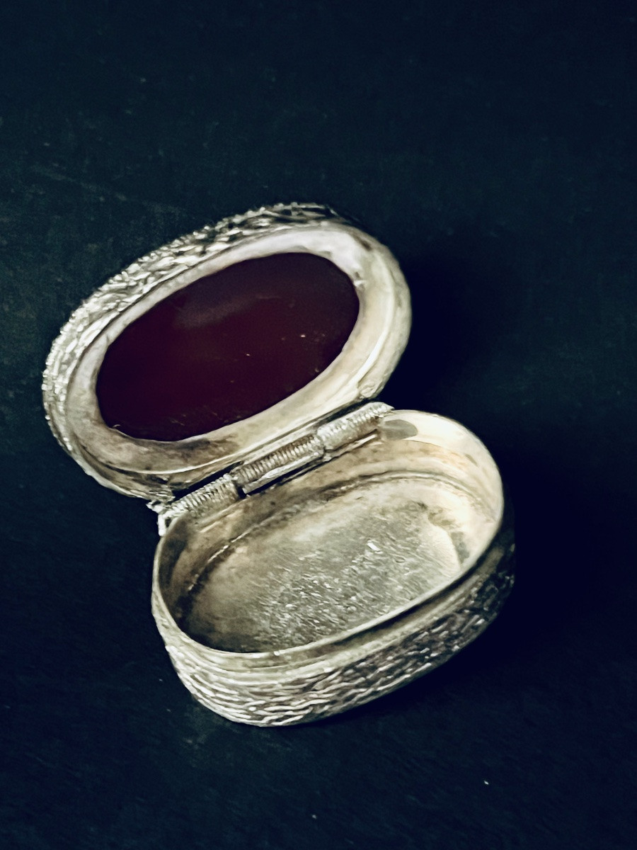Silver And Carnelian Pillbox - Arabic Calligraphy - 19th Century-photo-3