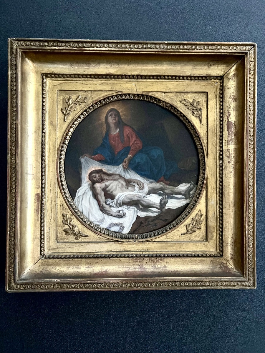 École française : Pietà, huile sur cuivre, 17e/18e s-photo-1