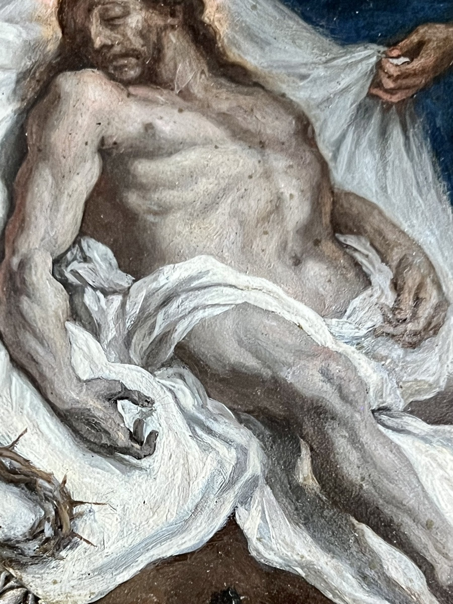École française : Pietà, huile sur cuivre, 17e/18e s-photo-5