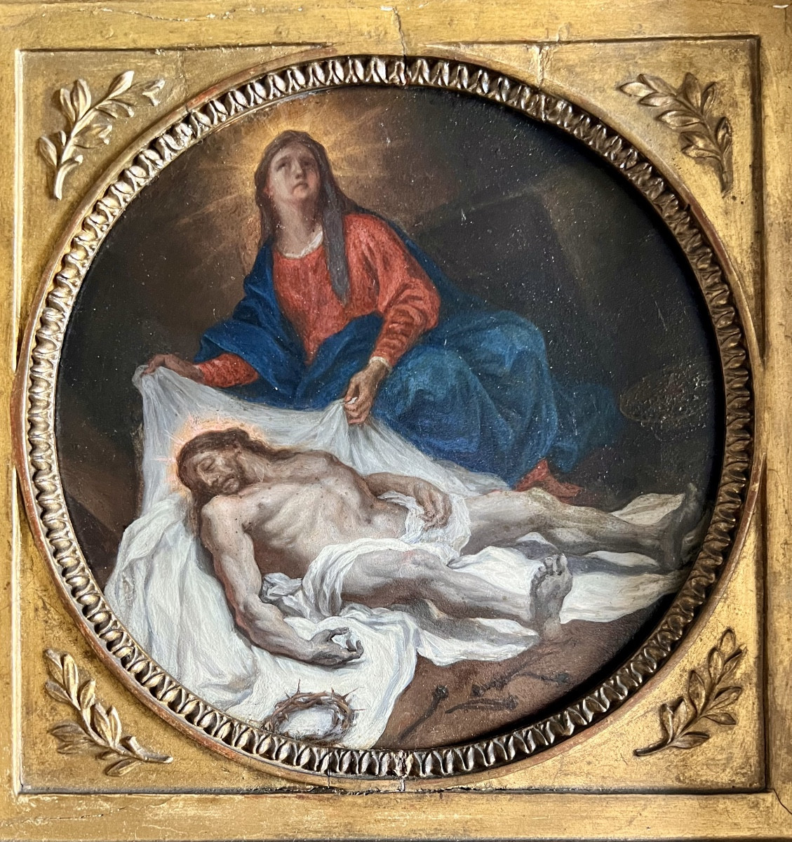 École française : Pietà, huile sur cuivre, 17e/18e s