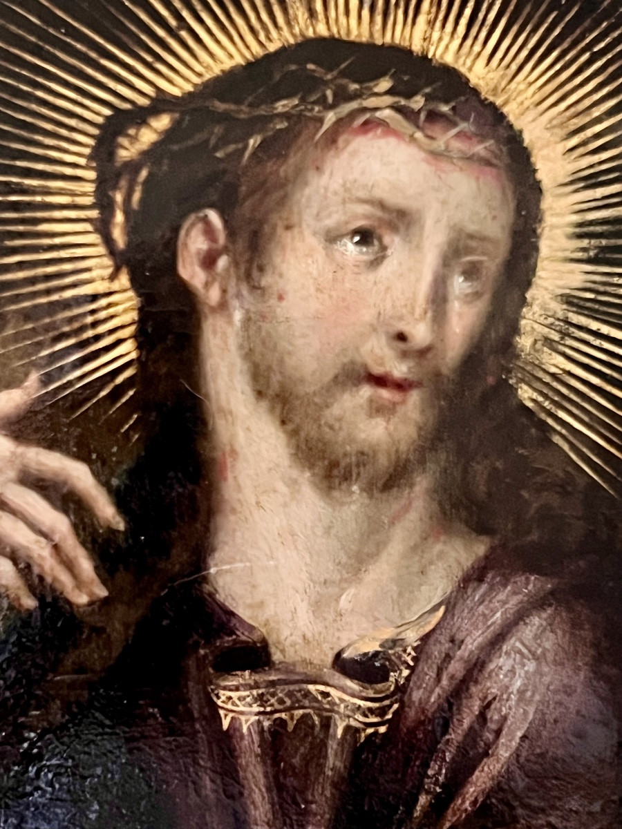 Huile sur cuivre -  le Christ portant la croix -  XVIIè siècle- Espagne-photo-3
