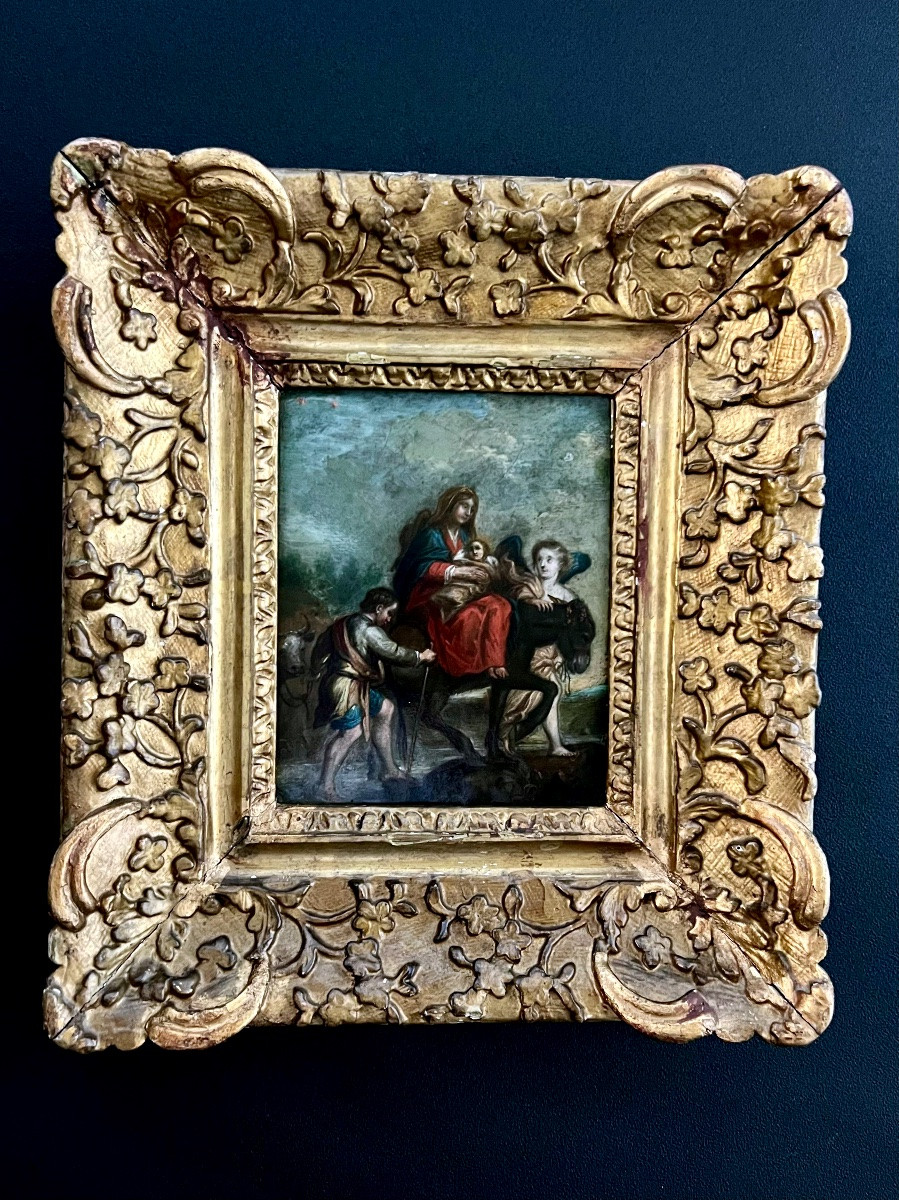 French School: The Flight Into Egypt, Oil On Copper - 17th Century-photo-2