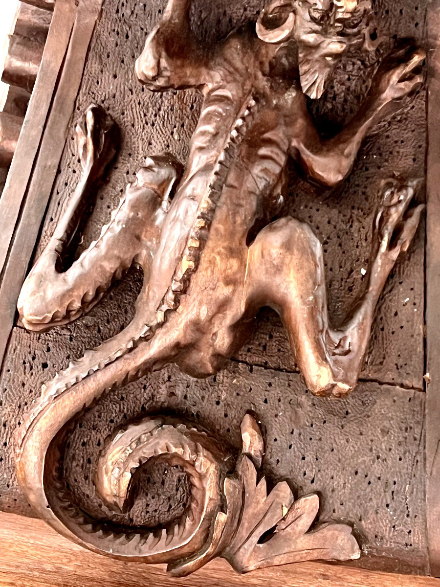 Carved Wooden Architectural Ornament - Neo-gothic Style - Fantastic Chimera - 19th Century-photo-3