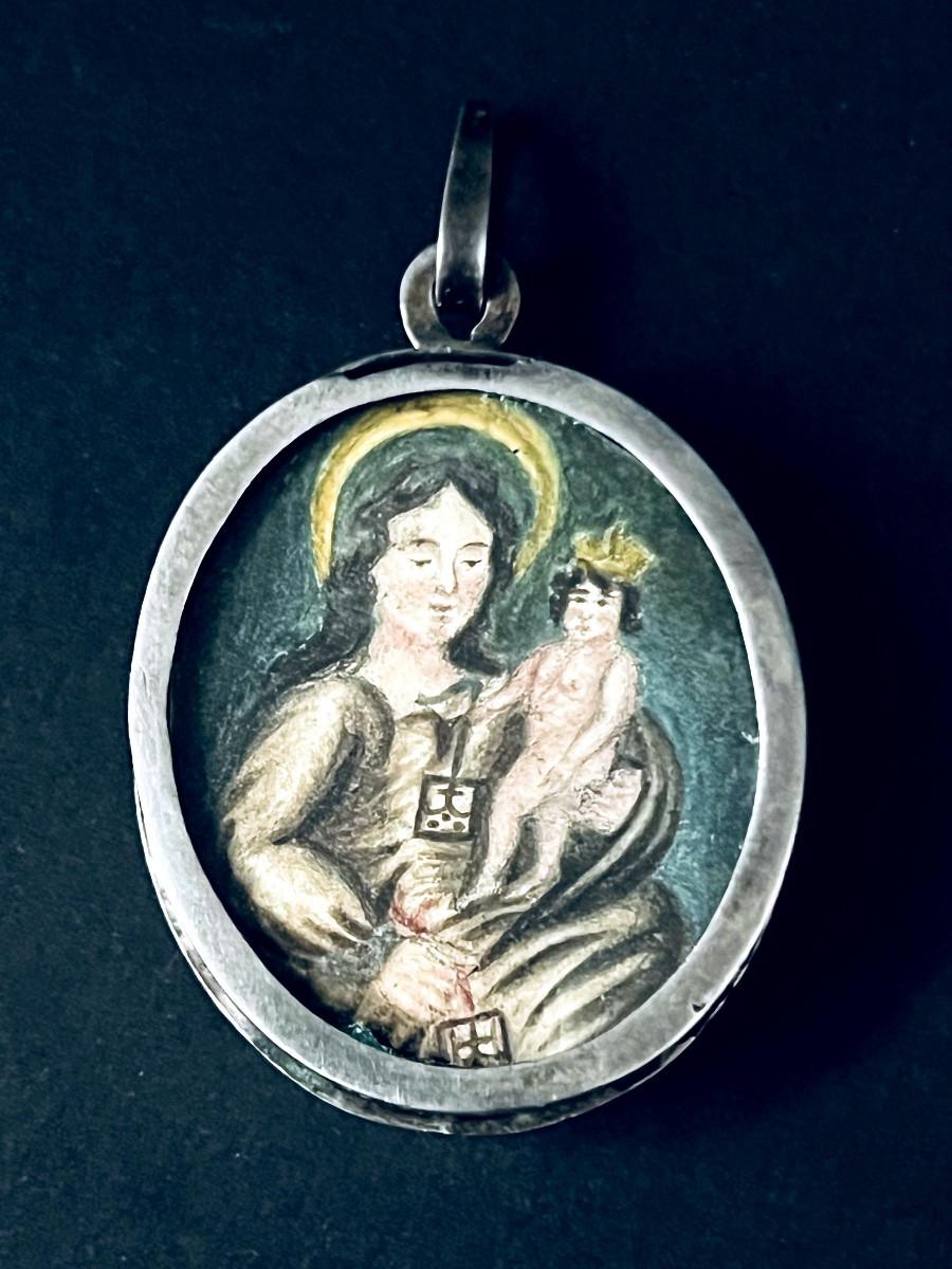 Double-sided Reliquary Medallion – Saint Francis Of Assisi & Virgin Of Mount Carmel – 18th/19th Century-photo-2