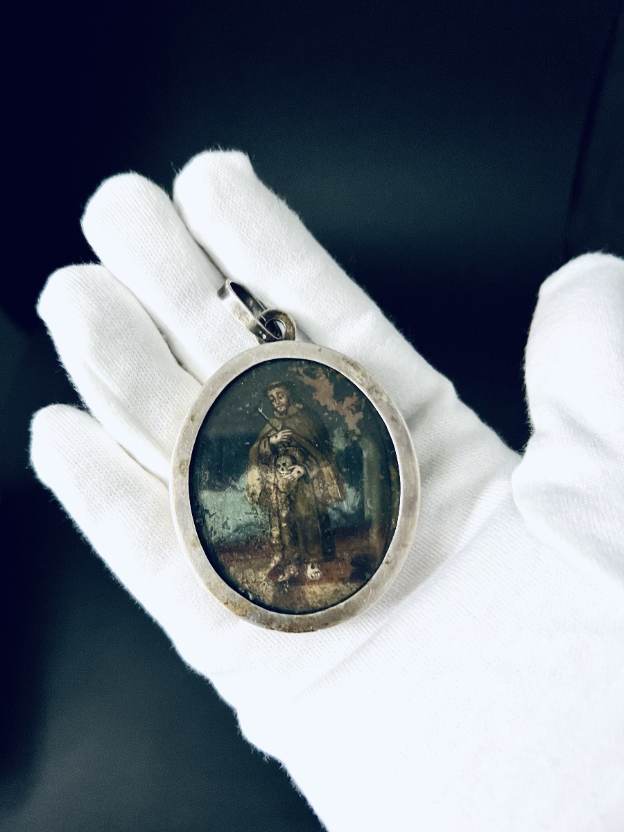 Double-sided Reliquary Medallion – Saint Francis Of Assisi & Virgin Of Mount Carmel – 18th/19th Century-photo-3