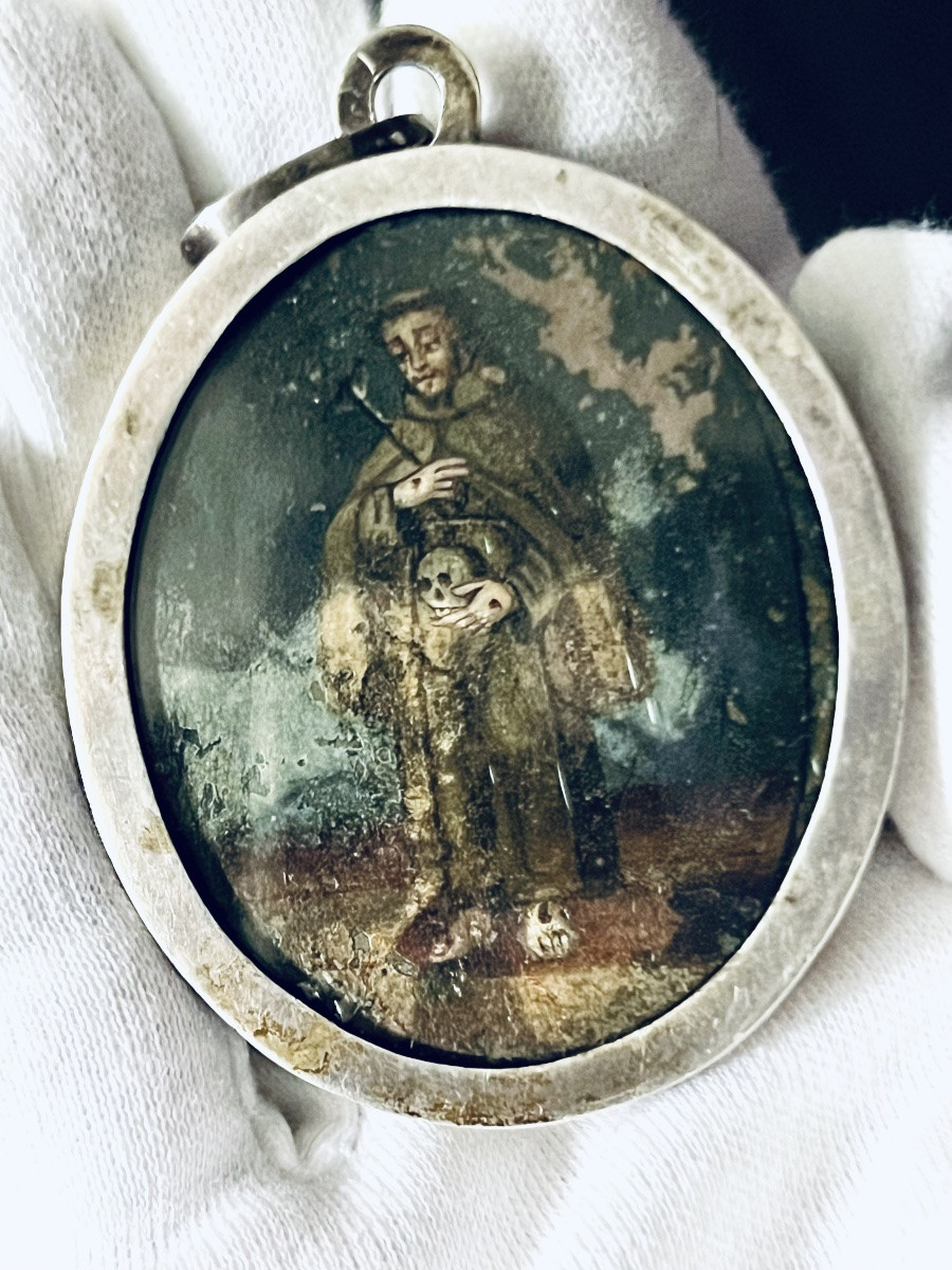 Double-sided Reliquary Medallion – Saint Francis Of Assisi & Virgin Of Mount Carmel – 18th/19th Century-photo-4