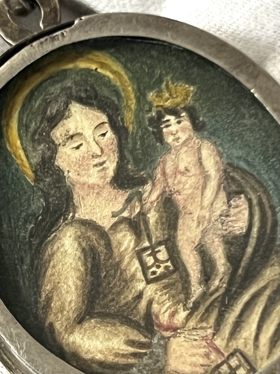 Double-sided Reliquary Medallion – Saint Francis Of Assisi & Virgin Of Mount Carmel – 18th/19th Century-photo-6