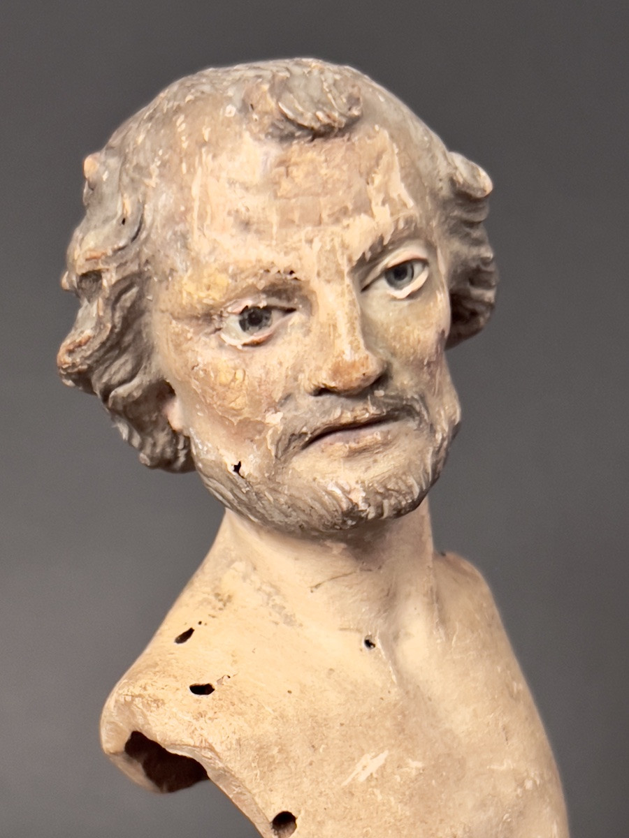 Votive Bust In Polychrome Terracotta, Southern Italy, 18th Century-photo-2