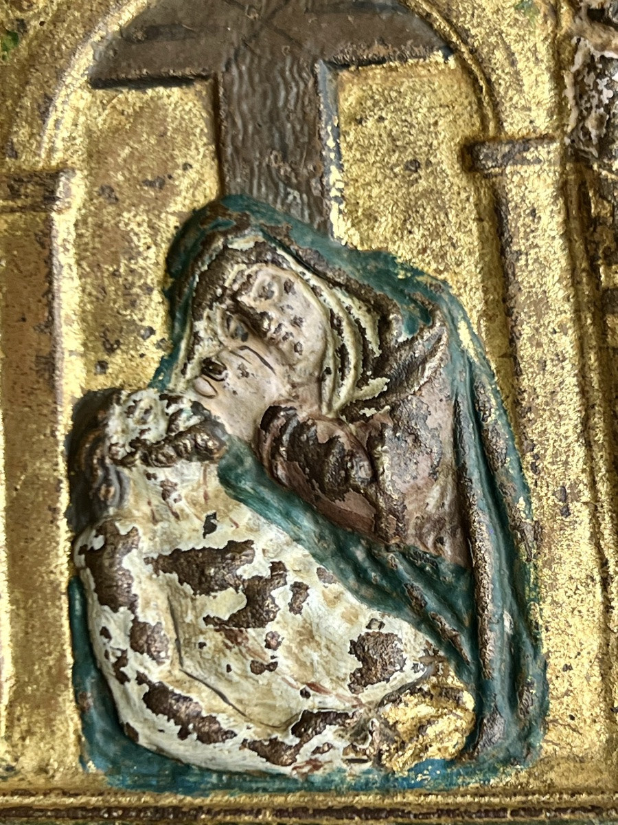 Kiss Of Peace (pax) In Gilded And Polychrome Bronze – Pietà, Mater Dolorosa, Spain, 16th Century-photo-3