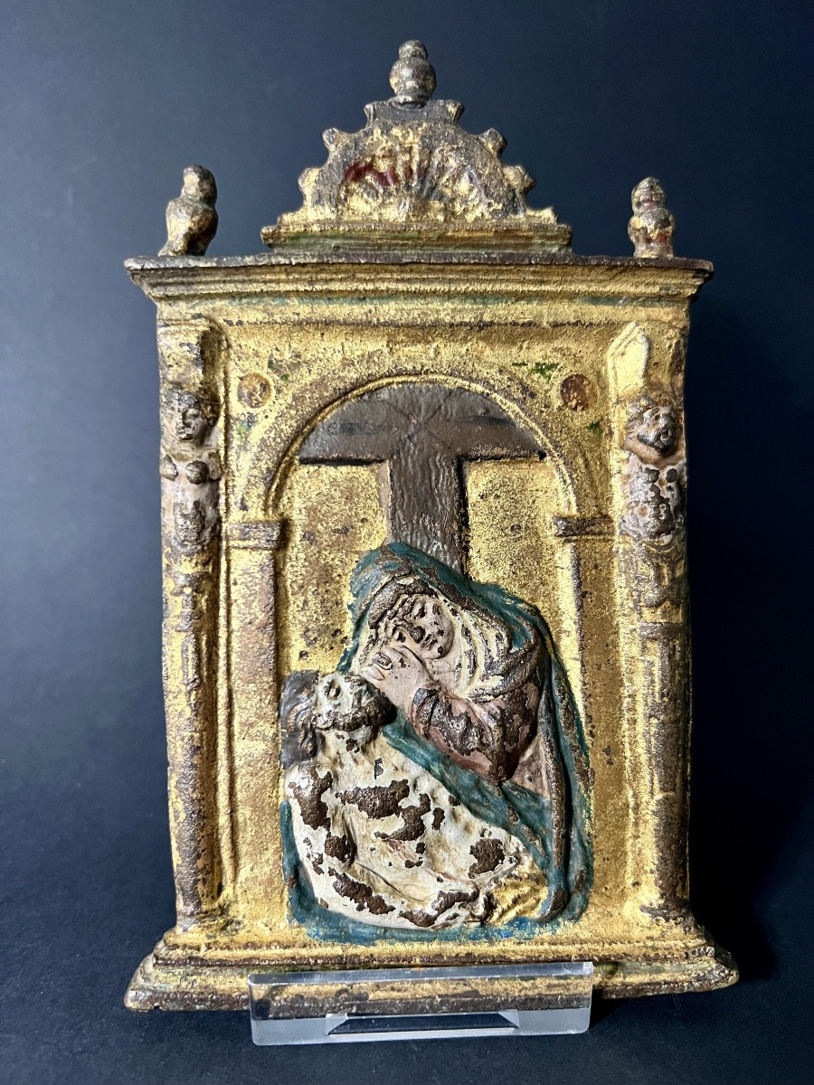 Kiss Of Peace (pax) In Gilded And Polychrome Bronze – Pietà, Mater Dolorosa, Spain, 16th Century-photo-2