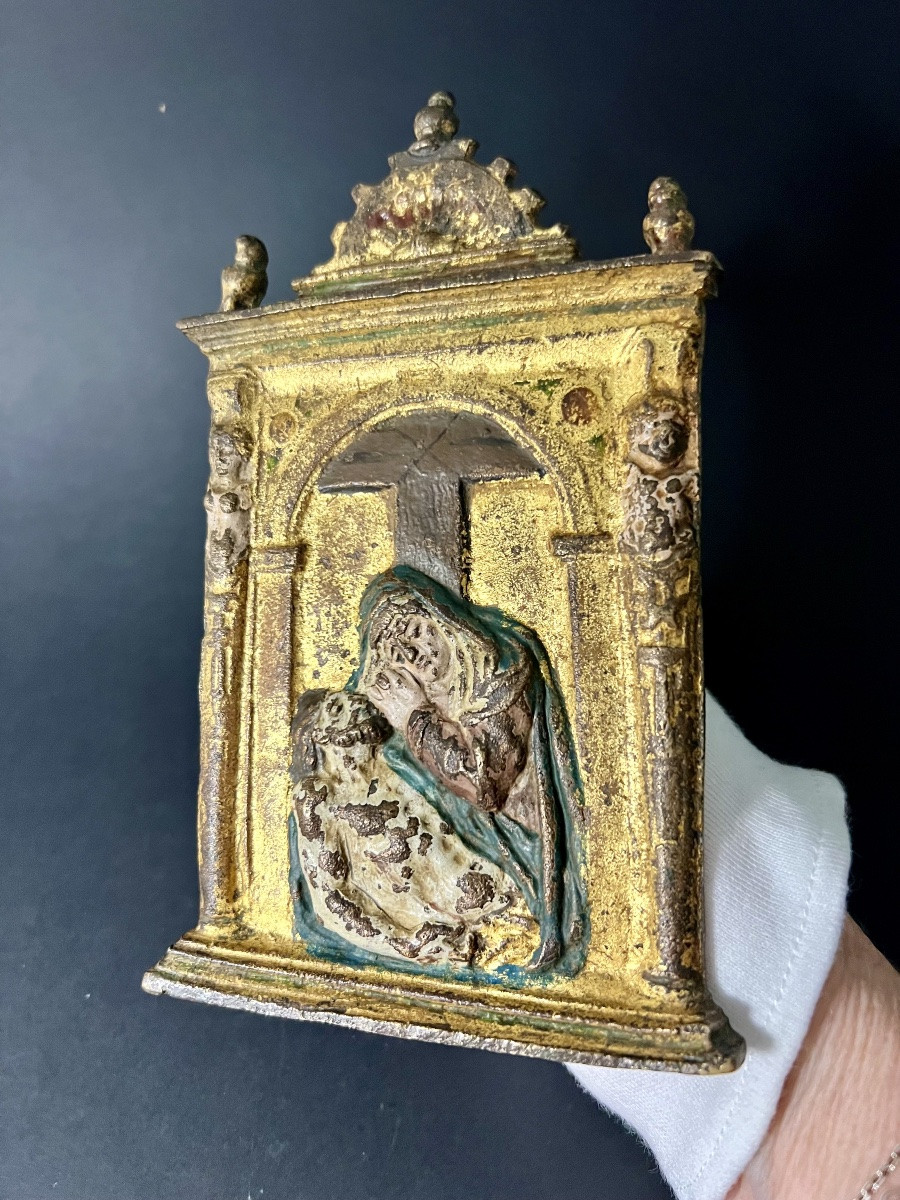 Kiss Of Peace (pax) In Gilded And Polychrome Bronze – Pietà, Mater Dolorosa, Spain, 16th Century-photo-3