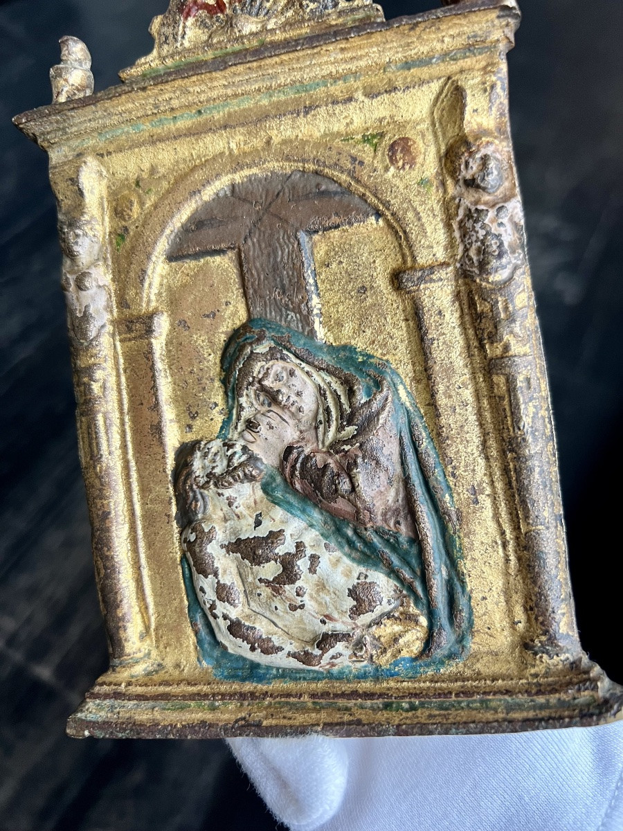 Kiss Of Peace (pax) In Gilded And Polychrome Bronze – Pietà, Mater Dolorosa, Spain, 16th Century-photo-5