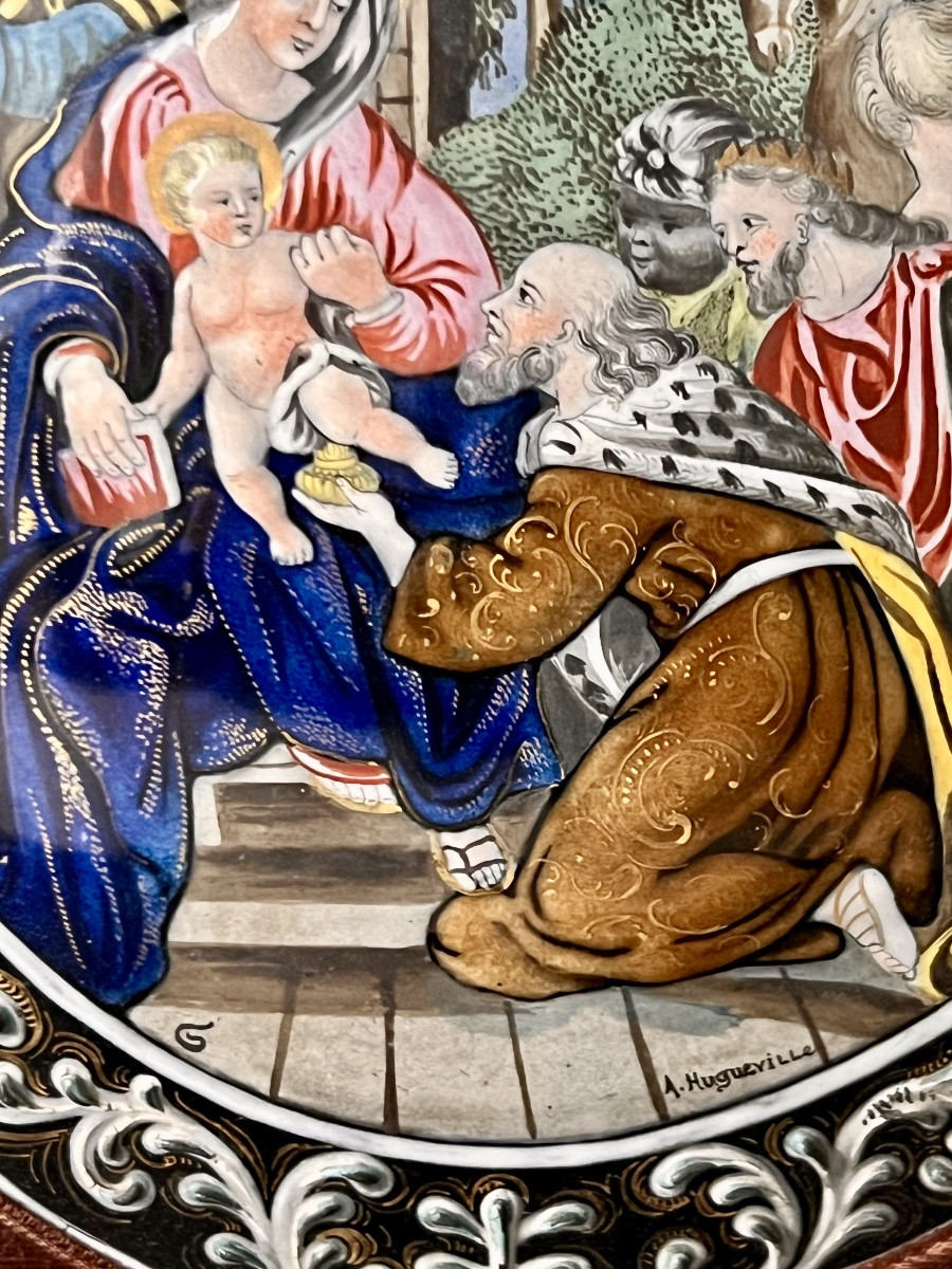 Plaque émaillée polychrome – Adoration des Mages – Limoges – Signée A. Huguerville-photo-3