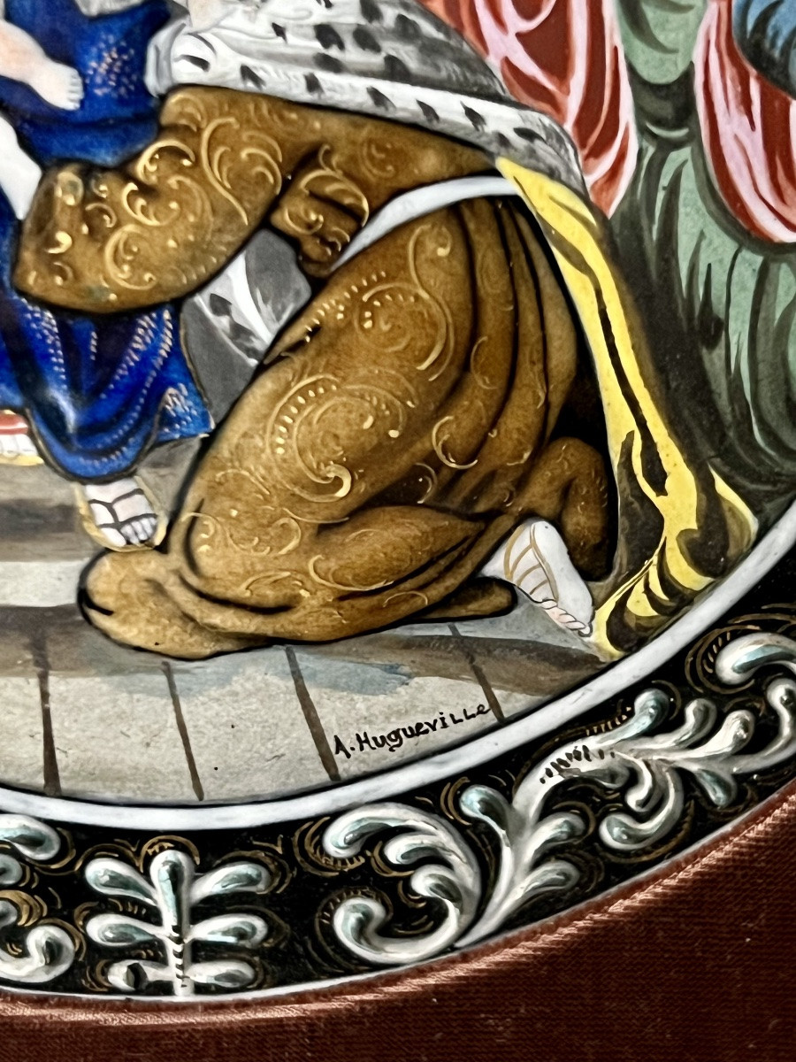 Plaque émaillée polychrome – Adoration des Mages – Limoges – Signée A. Huguerville-photo-7