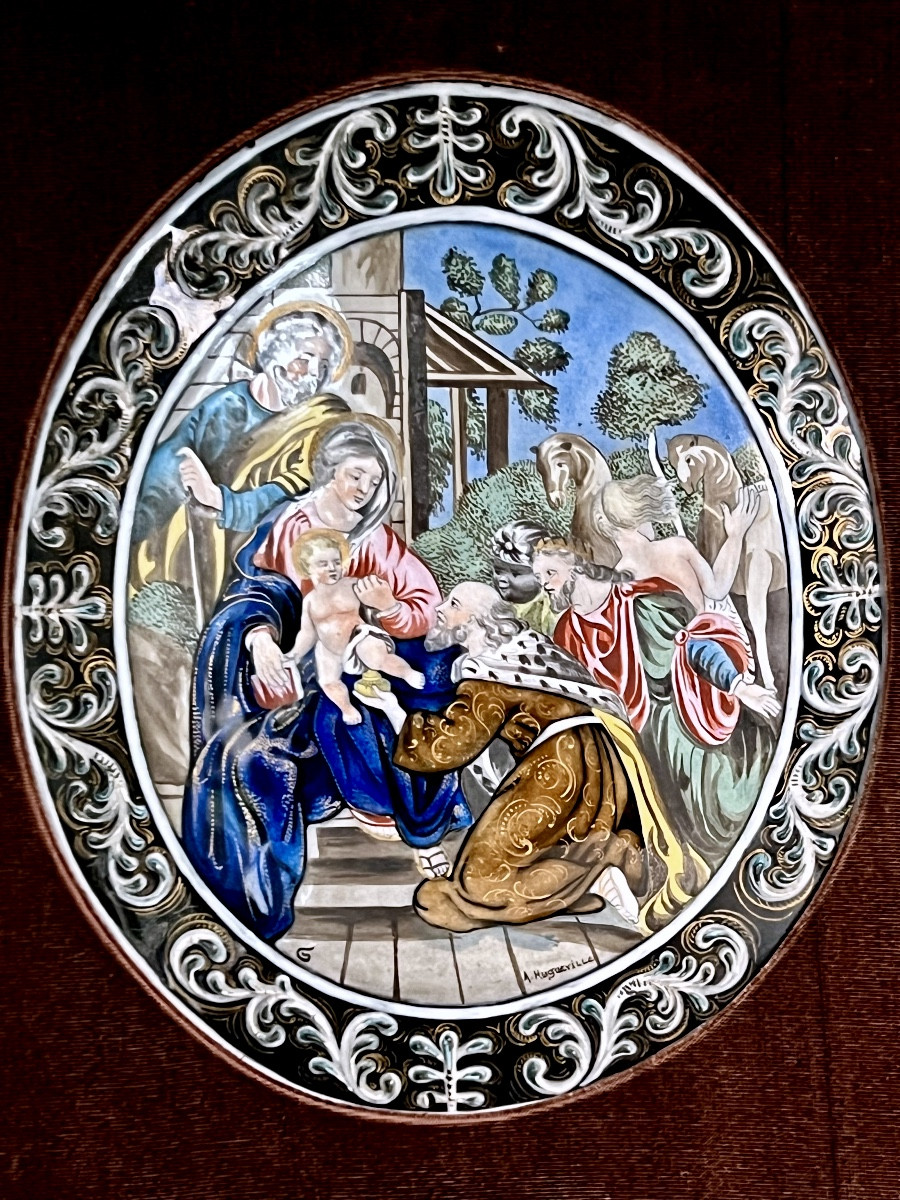 Plaque émaillée polychrome – Adoration des Mages – Limoges – Signée A. Huguerville
