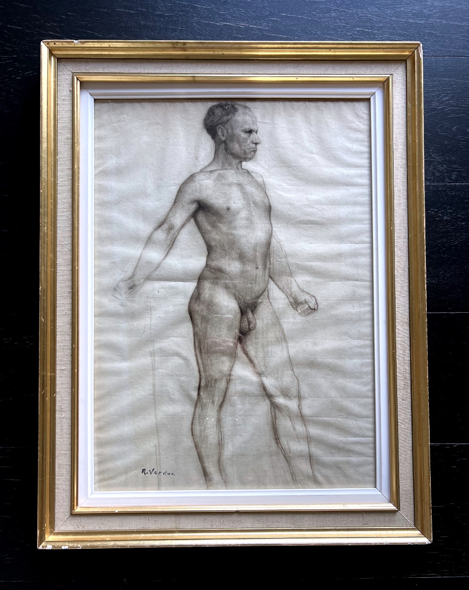 Dessin académique – Étude de nu masculin – Signé