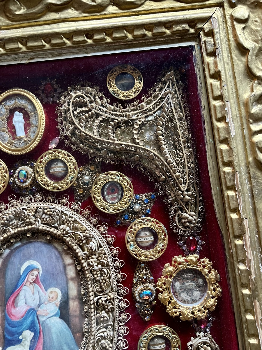 Large Reliquary Frame – Virgin And Child – 19th Century – Exceptional Collection Of Relics-photo-4