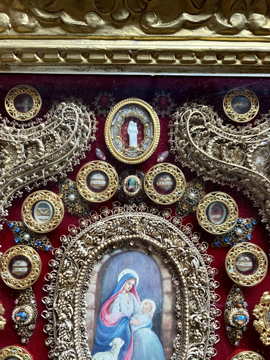 Large Reliquary Frame – Virgin And Child – 19th Century – Exceptional Collection Of Relics-photo-5