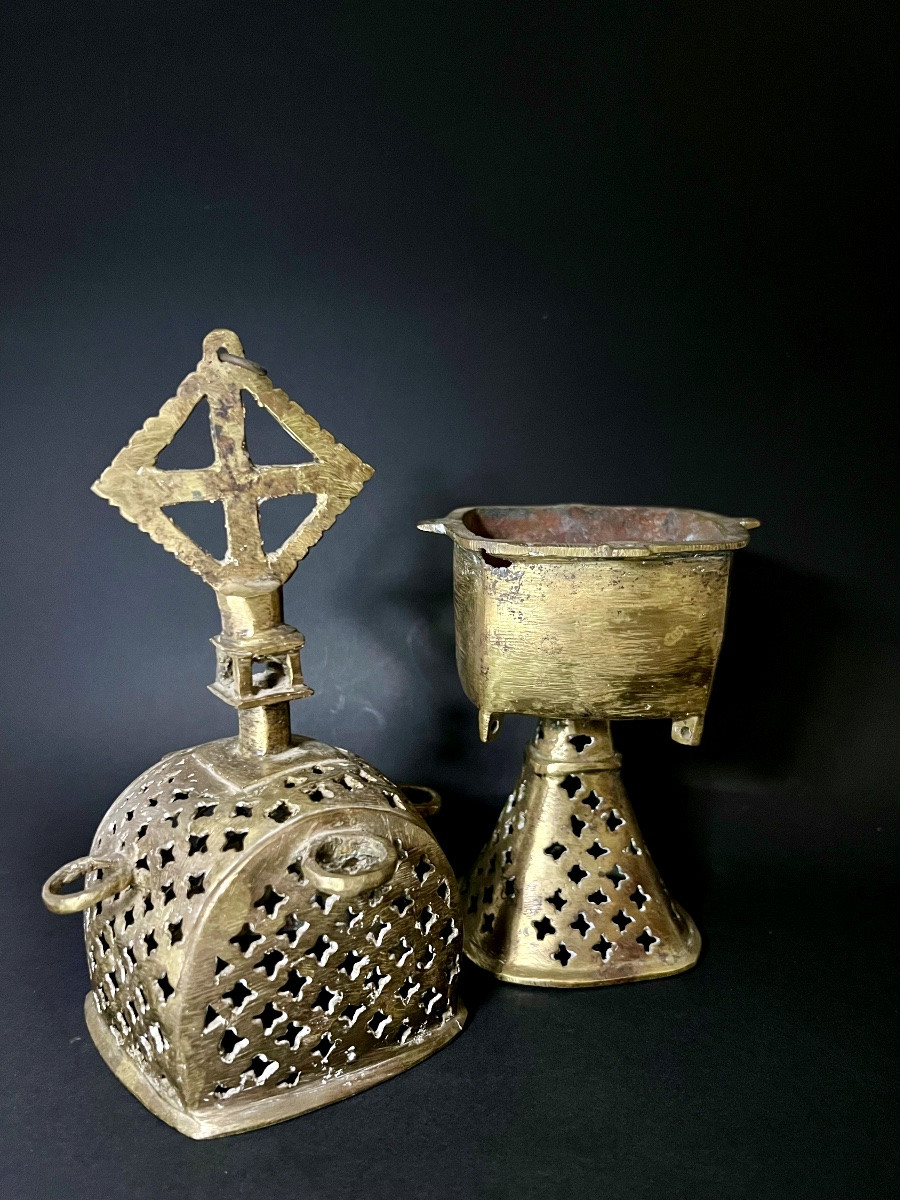 Antique Ethiopian Liturgical Censer In Gilt Bronze — Coptic Cross — 18th Century-photo-2