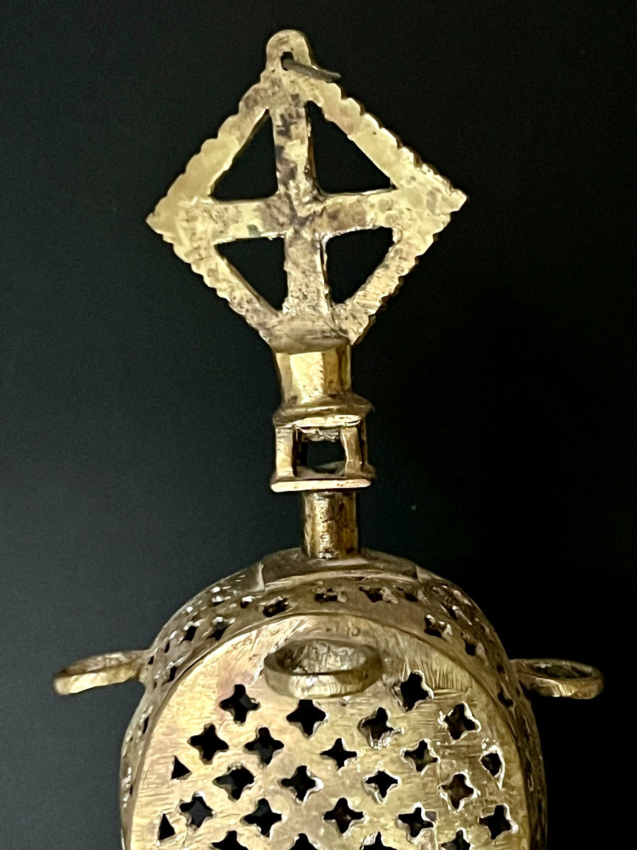 Antique Ethiopian Liturgical Censer In Gilt Bronze — Coptic Cross — 18th Century-photo-3