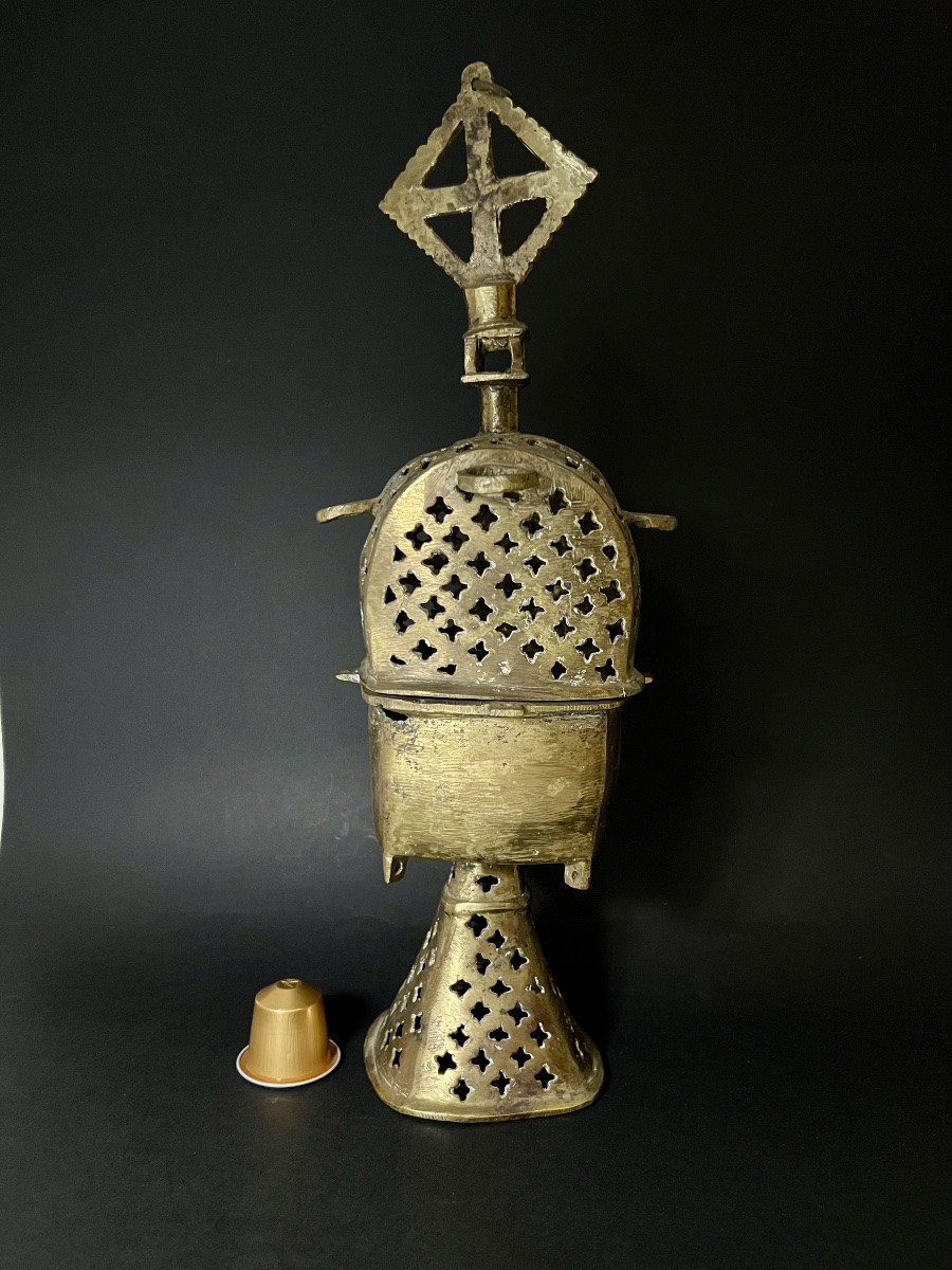 Antique Ethiopian Liturgical Censer In Gilt Bronze — Coptic Cross — 18th Century-photo-1