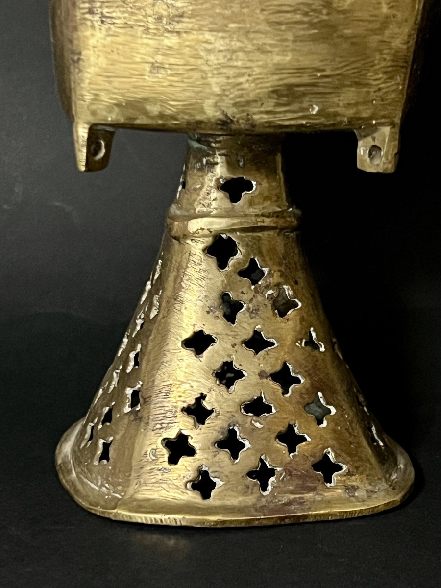 Antique Ethiopian Liturgical Censer In Gilt Bronze — Coptic Cross — 18th Century-photo-2