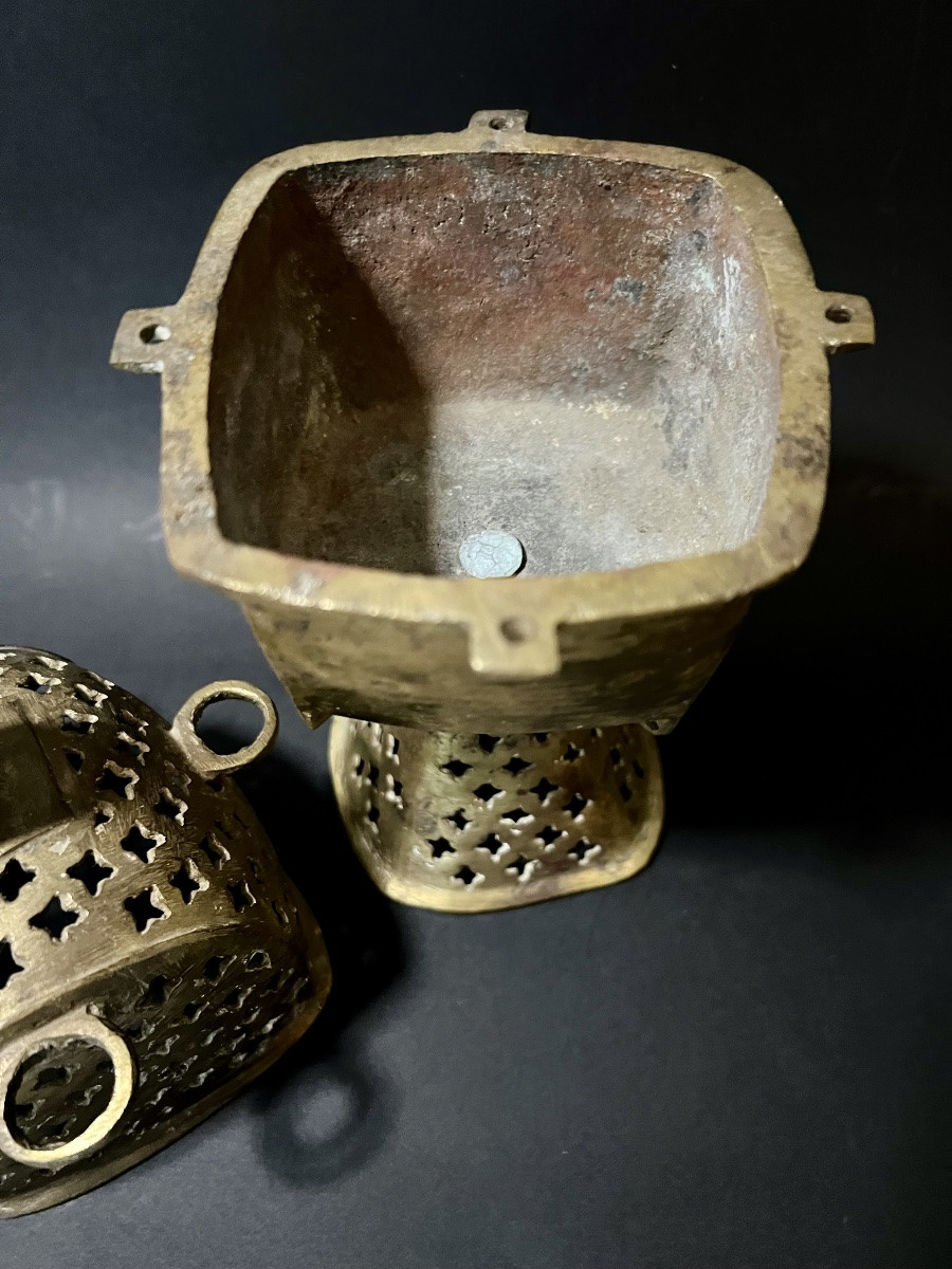 Antique Ethiopian Liturgical Censer In Gilt Bronze — Coptic Cross — 18th Century-photo-4