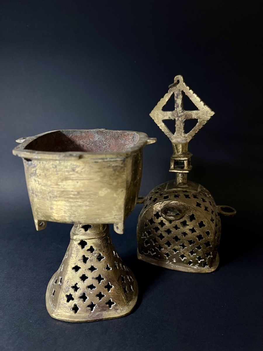 Antique Ethiopian Liturgical Censer In Gilt Bronze — Coptic Cross — 18th Century-photo-5