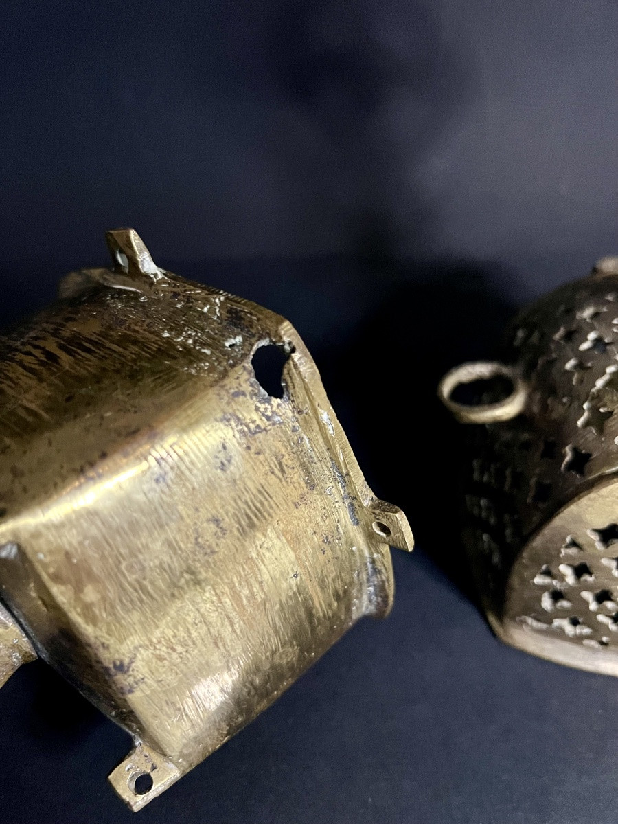 Antique Ethiopian Liturgical Censer In Gilt Bronze — Coptic Cross — 18th Century-photo-7