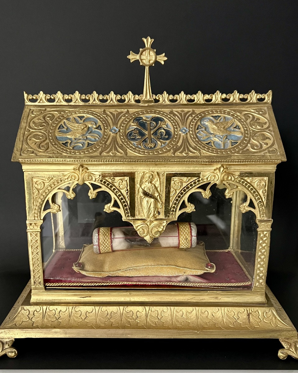 Neo-gothic Reliquary Shrine In Gilt Bronze Containing A Reliquary Tube Ex Ossibus – 19th Century -photo-1