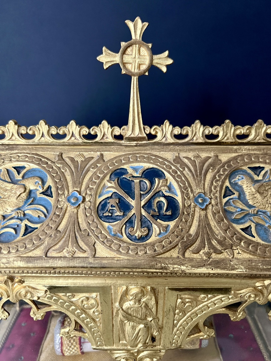 Neo-gothic Reliquary Shrine In Gilt Bronze Containing A Reliquary Tube Ex Ossibus – 19th Century -photo-2
