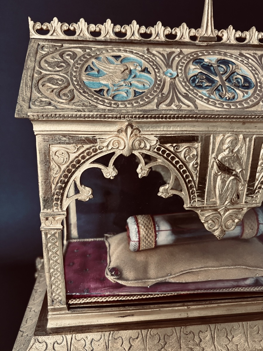 Neo-gothic Reliquary Shrine In Gilt Bronze Containing A Reliquary Tube Ex Ossibus – 19th Century -photo-8