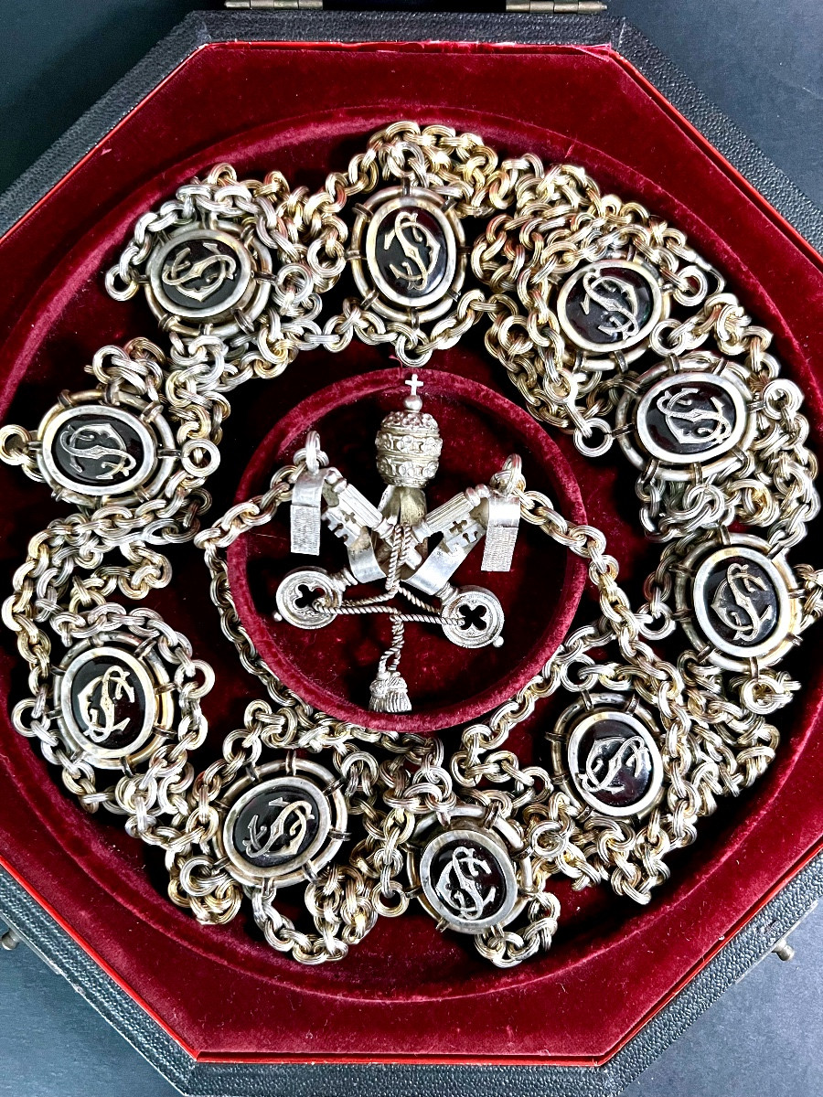 VATICAN – Collier de Camérier Secret de Sa Sainteté le pape Pie X (1903-1914) Argent et vermeil