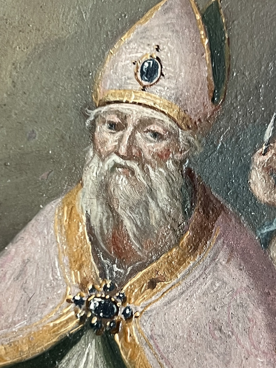 Peinture sur cuivre – Saint évêque avec angelot - XIXème-photo-3