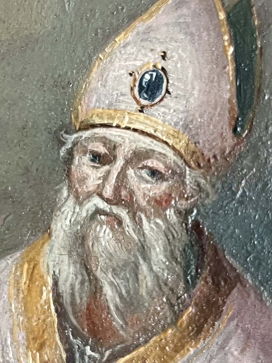 Peinture sur cuivre – Saint évêque avec angelot - XIXème-photo-1