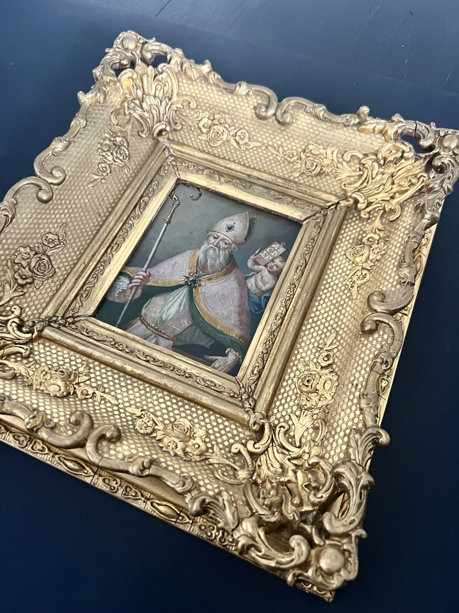 Peinture sur cuivre – Saint évêque avec angelot - XIXème-photo-5